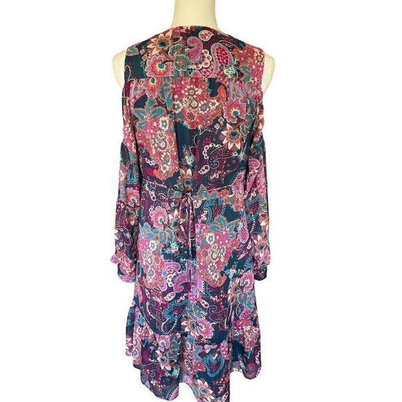 Aqua Women's Boho Dress Size M Floral Cold Shoulder Sheer Sleeves V-Neck Pockets - Picture 5 of 12